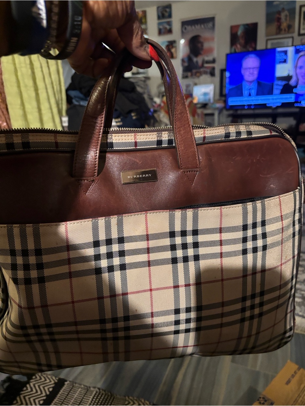 Burberry Beige Check Briefcase with Brown Leather Trim - Men/Women #0127-